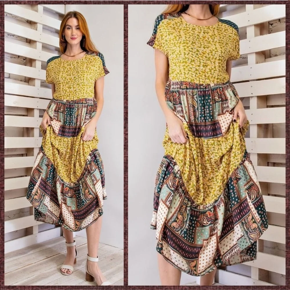 EASEL "Pretty Days" Cottagecore Mix Print Free Flow & Relaxed Pleated Maxi Dress - Picture 12 of 16